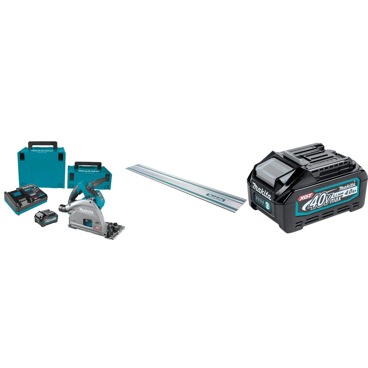 Makita 40V max XGT Brushless Cordless 6-1/2-in Plunge Track Saw package with guide rail, battery, charger, and case for cordless woodworking and remodeling jobs