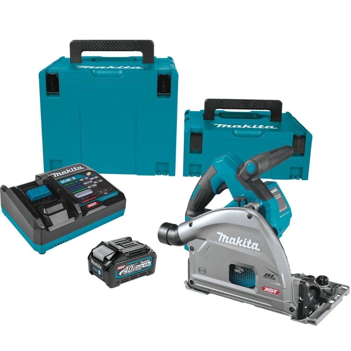 Makita 40V max XGT Brushless Cordless 6-1/2-in Plunge Track Saw kit with charger, battery, and cases shown for panel cutting and finish carpentry setup
