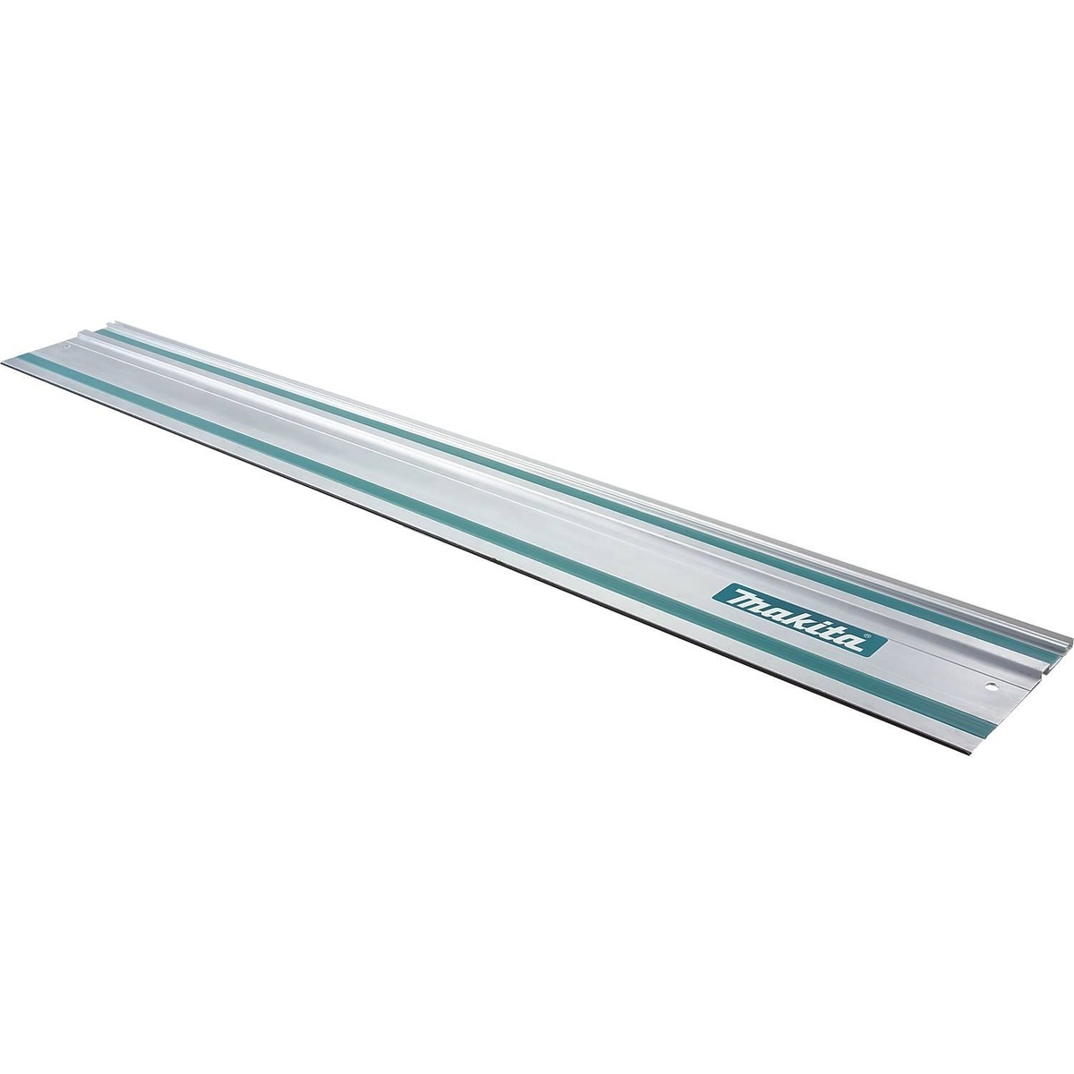 Makita 55 inch guide rail for track saws used to guide straight cuts in plywood, melamine, and cabinet panels on a work surface
