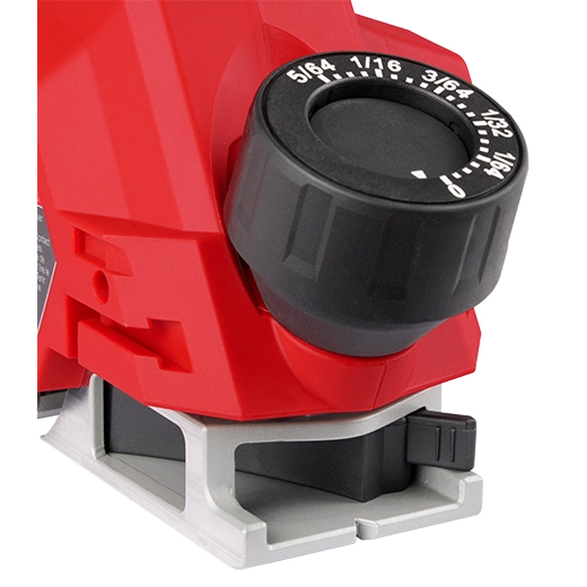 Milwaukee M12 Brushless 2 inch Planer close-up showing the front depth adjustment knob and base for precise trim planing setup