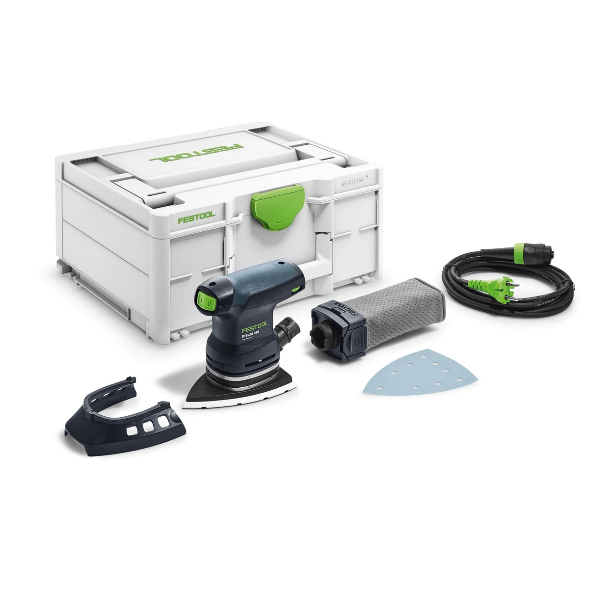 Festool DTS 400 REQ-Plus Finish Delta Sander kit with Systainer, Plug-it cord, dust bag, protector, and sanding pad on a clean background