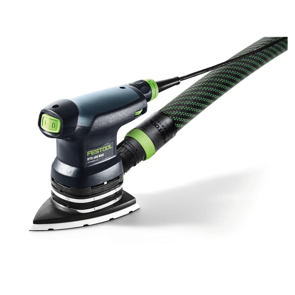 Festool DTS 400 REQ-Plus Finish Delta Sander connected to a dust extraction hose for cleaner detail sanding in the shop