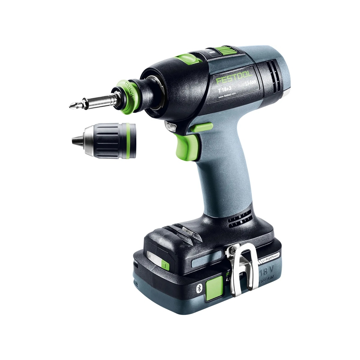 Festool 577608 T 18 Cordless Drill HighPower 4.0Ah SET Kit w/ Systainer3 showing FastFix chuck change with driver bit and keyless chuck removed