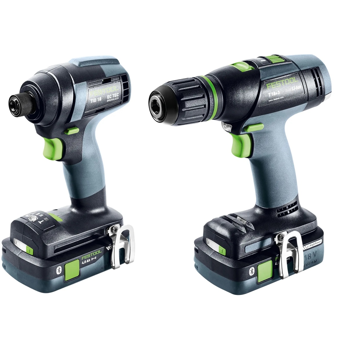 Festool 577615 TID 18 Impact Driver and T 18 Drill Driver 4.0Ah Combo Kit showing the compact impact driver and drill driver side by side with installed batteries