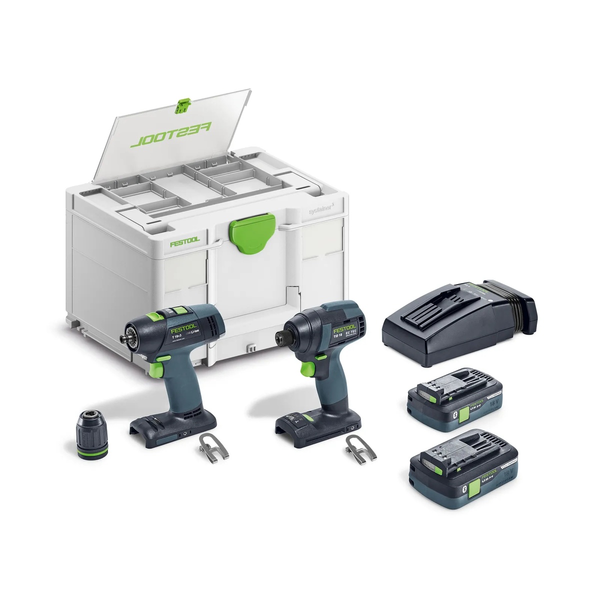 Festool 577615 TID 18 Impact Driver and T 18 Drill Driver 4.0Ah Combo Kit with Systainer case, charger, batteries, drill, impact driver, chuck, and belt clips on a clean background