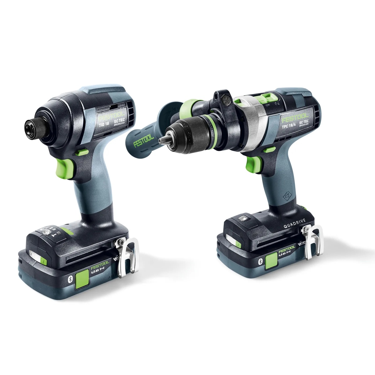Festool cordless hammer drill and impact driver combo kit showing the QUADRIVE drill with auxiliary handle and keyless chuck on a clean background