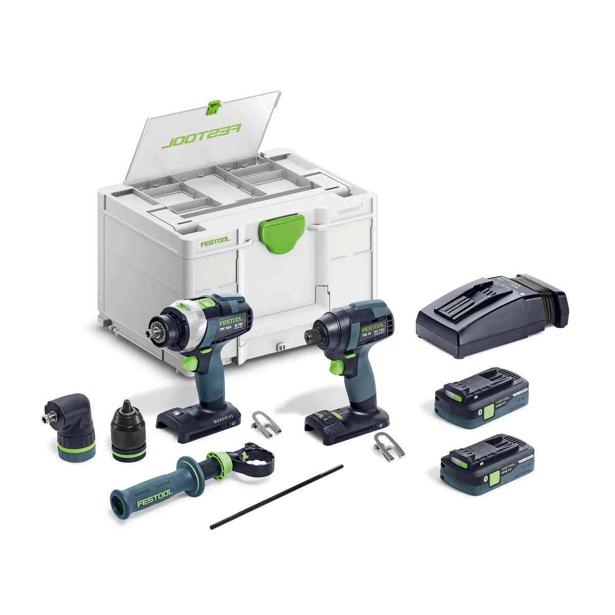 Festool 577616 combo kit with Systainer case, charger, two batteries, impact driver, hammer drill, angle attachment, keyless chuck, and handle laid out for storage and transport