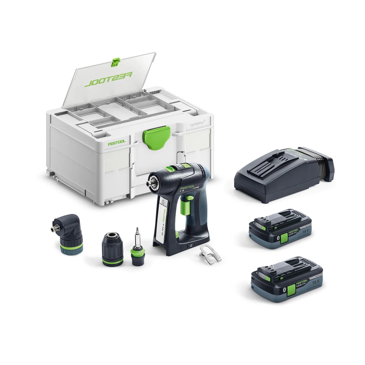 Festool 577619 C 18 Cordless Drill Bluetooth HighPower 4.0Ah Kit w/ Systainer3 with charger batteries angle attachment and storage case for jobsite transport