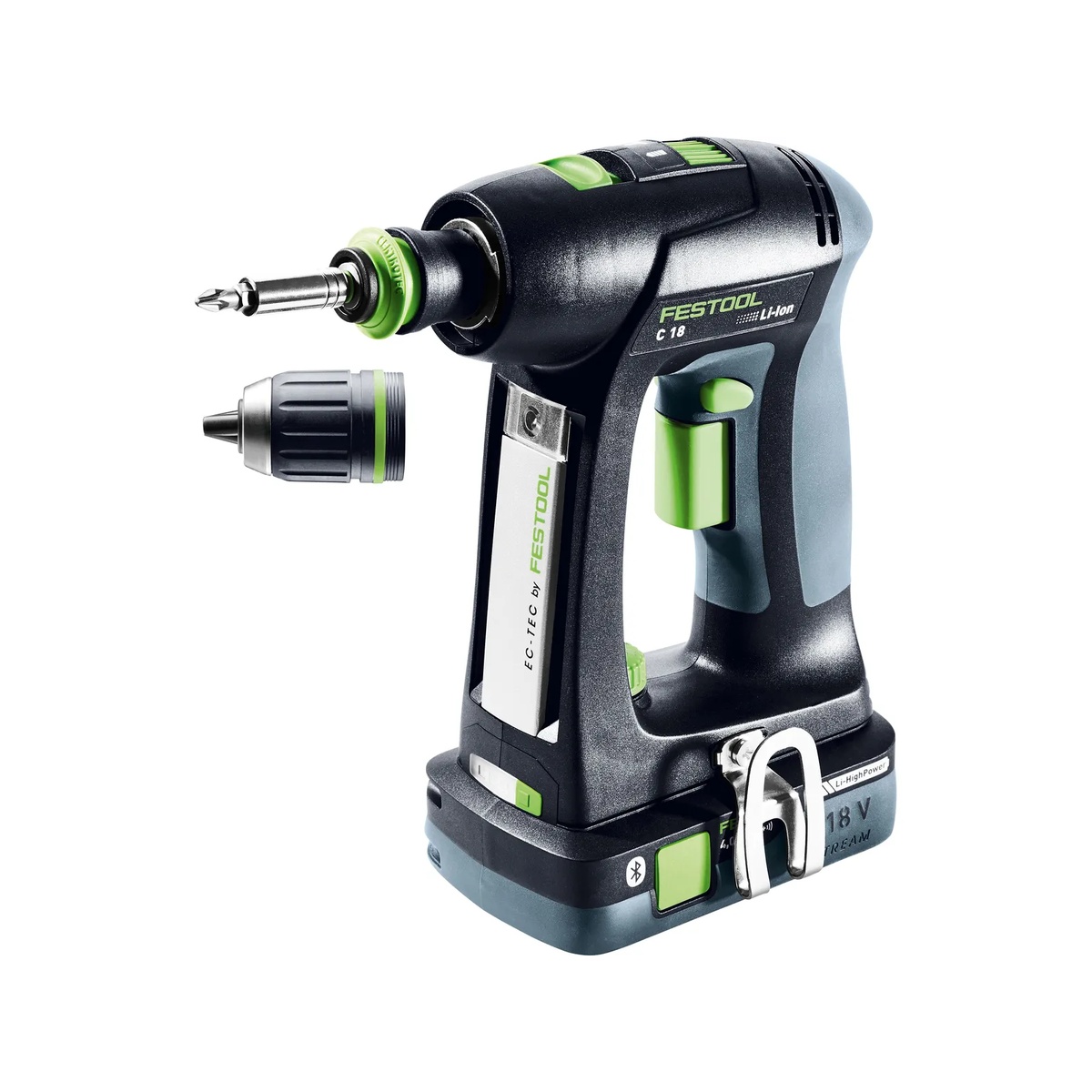 Festool 577619 C 18 Cordless Drill Bluetooth HighPower 4.0Ah Kit w/ Systainer3 shown with CENTROTEC setup and removable chuck for drilling and fastening on installation work