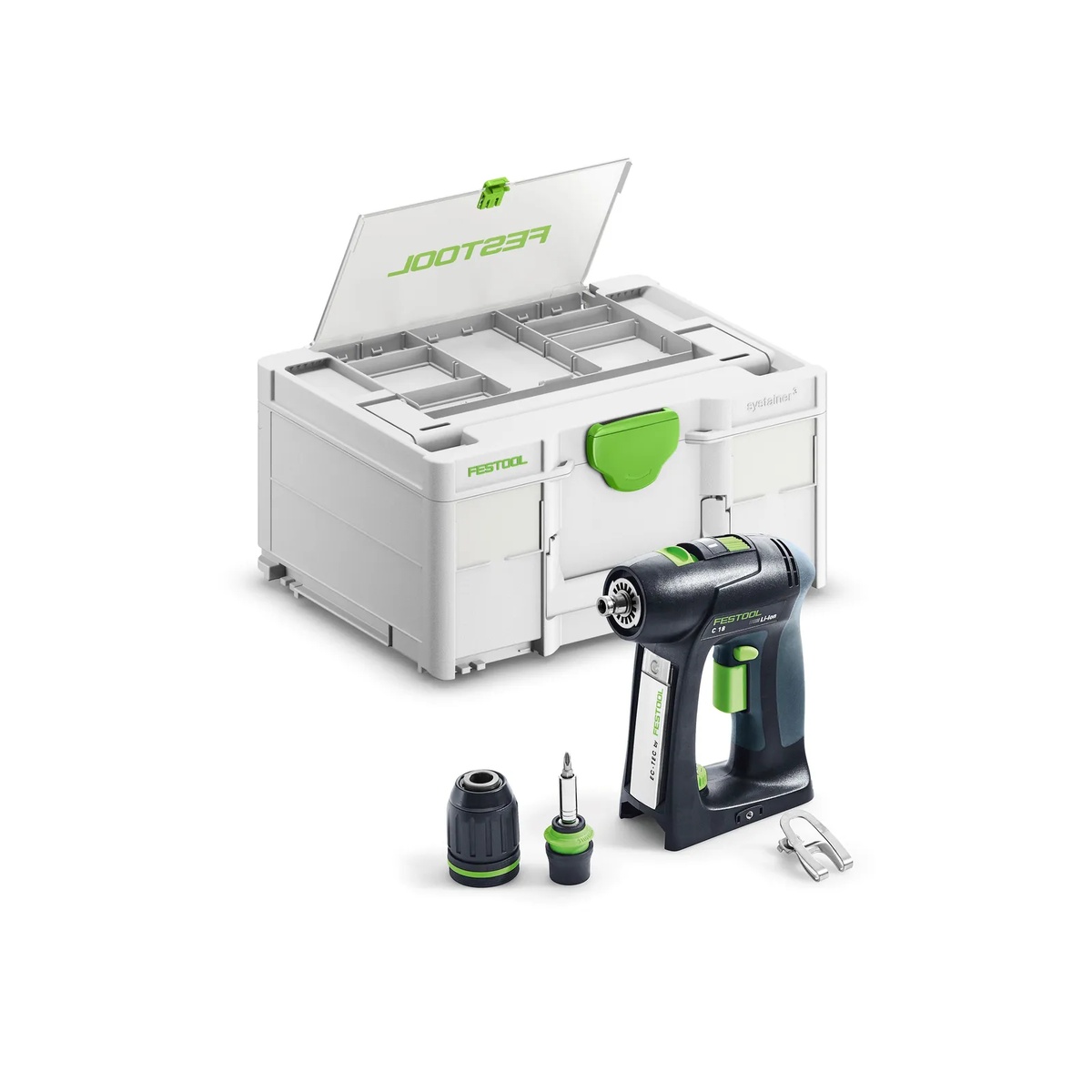 Festool 577620 C 18-Basic cordless drill with included Systainer3, keyless chuck, bit holder, and belt clip for organized transport between drilling and fastening tasks
