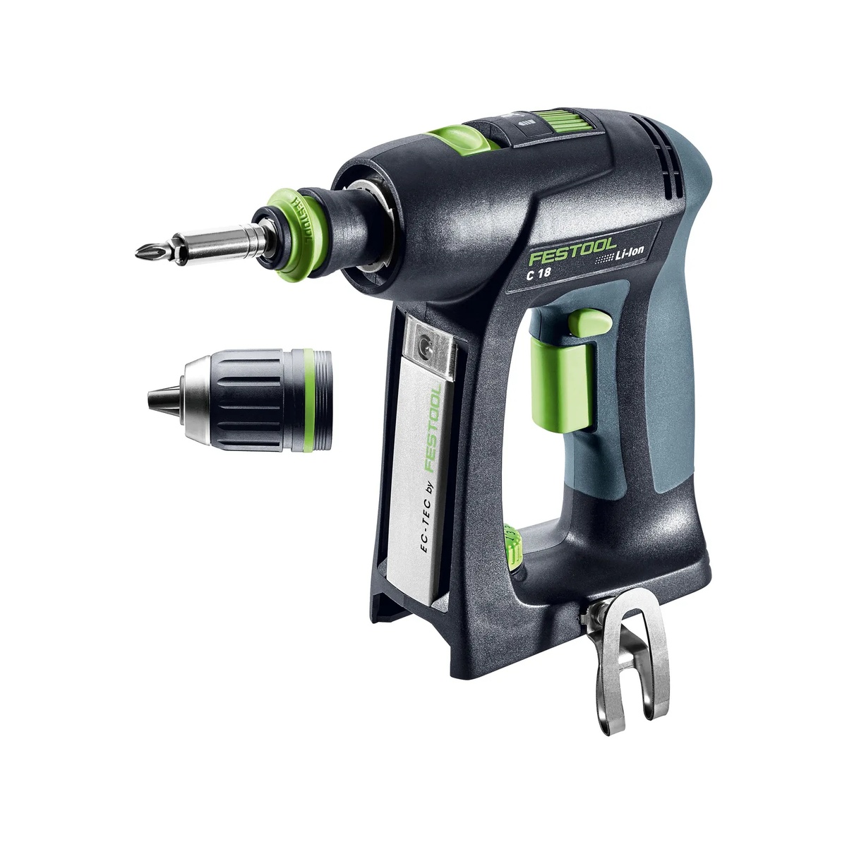 Festool 577620 C 18-Basic cordless drill shown with CENTROTEC bit holder and removable keyless chuck during a drill driver setup change for drilling and fastening work