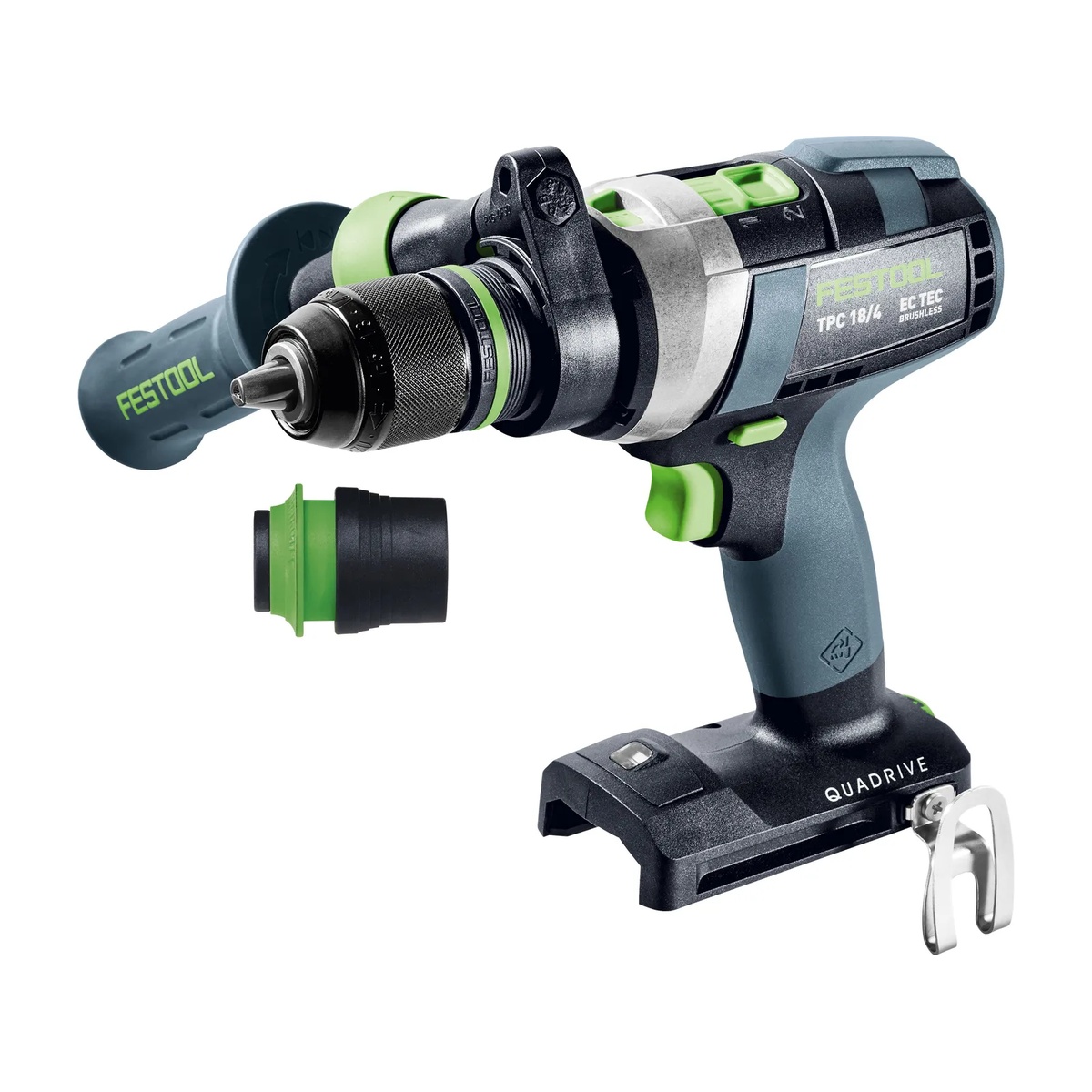 Festool 577627 QUADRIVE TPC 18/4 Cordless Hammer Drill close-up showing chuck area, side handle, and accessory interface on a clean background