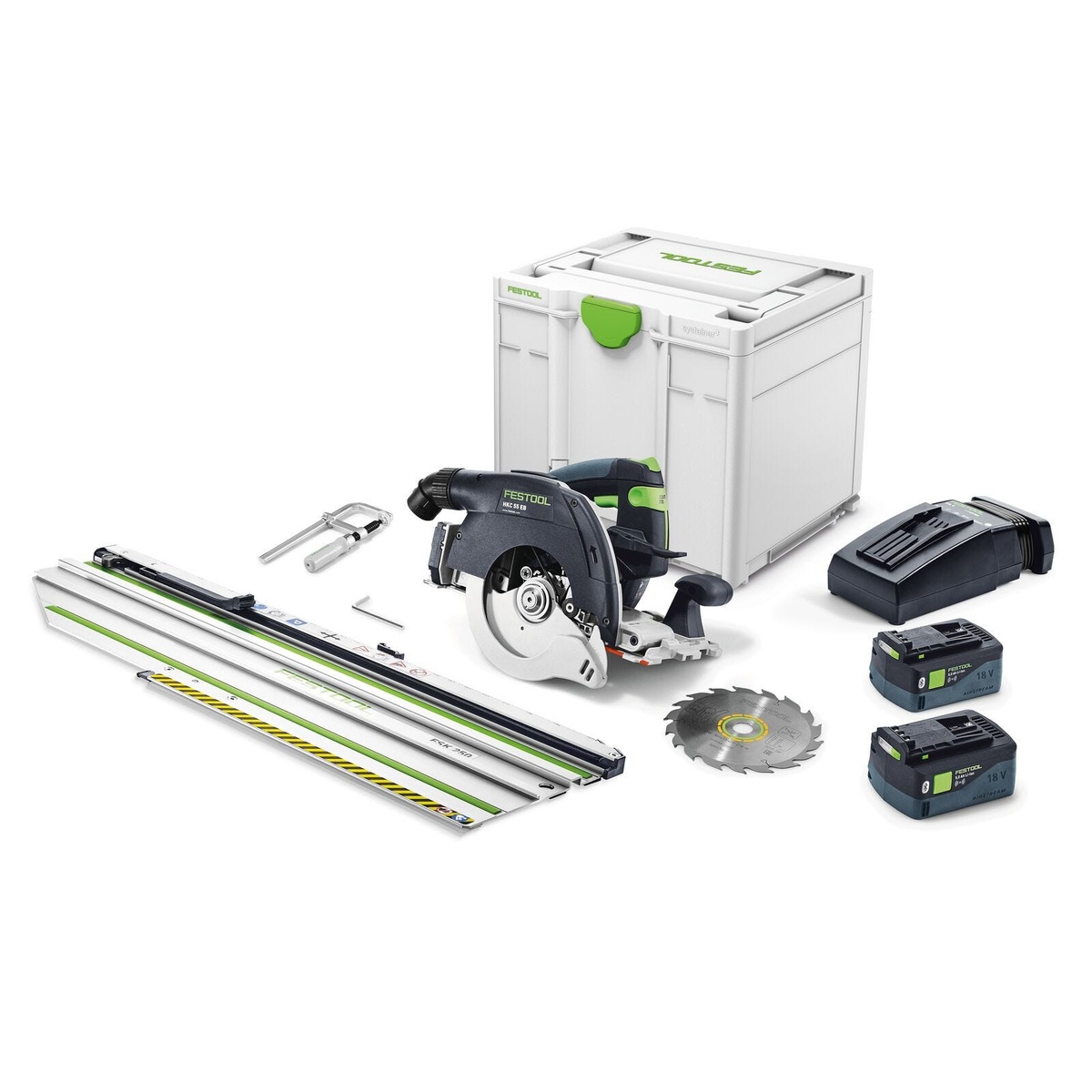 Festool HKC 55 Cordless Bluetooth 5.2Ah Track Saw PLUS-FSK kit with Systainer3 batteries charger blade and guide rail on a clean background