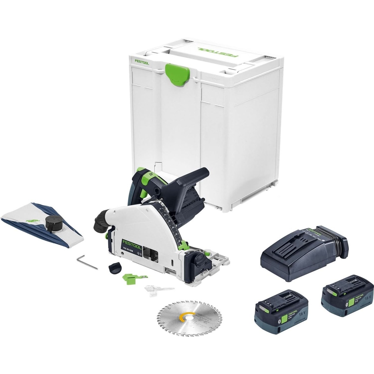 Festool 577664 TSC 55 K Cordless Track Saw + 55-Inch Guide Rail 5.2Ah Kit with Kickback Stop shown as a cordless track saw kit with batteries, charger, blade, and systainer for jobsite panel cutting and finish carpentry