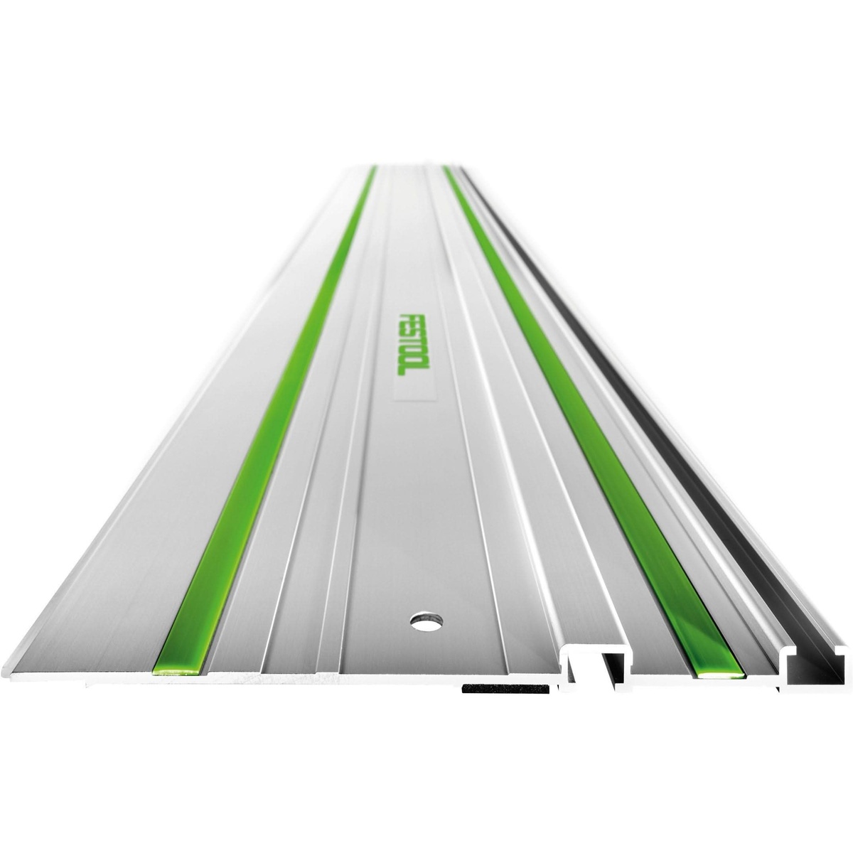 Festool 577664 TSC 55 K Cordless Track Saw + 55-Inch Guide Rail 5.2Ah Kit with Kickback Stop guide rail close-up showing splinter guard and track surface for straight plywood and finish panel cutting