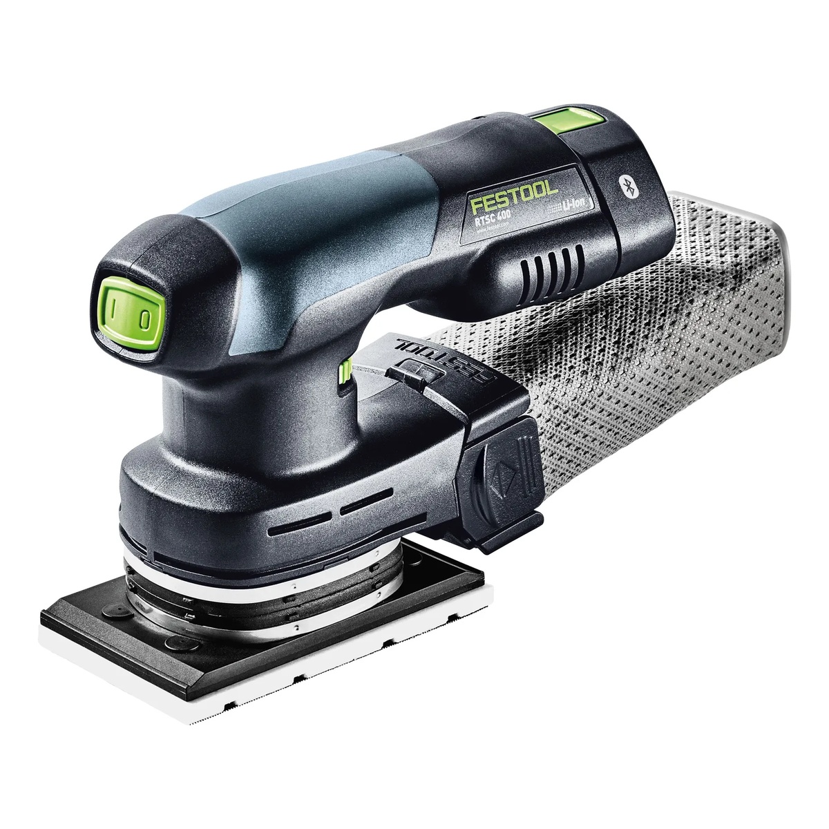 Festool RTSC 400 3,0 I-Plus cordless orbital sander with dust bag attached, shown ready for finish sanding and edge work on trim or cabinet parts