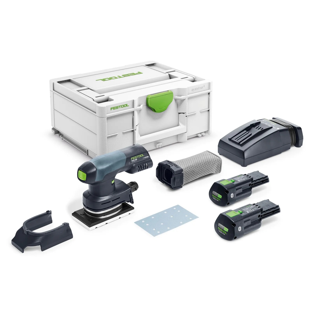 Festool RTSC 400 3,0 I-Plus cordless orbital sander kit with Systainer, charger, dust bag, protector, and two Ergo batteries on a clean work surface