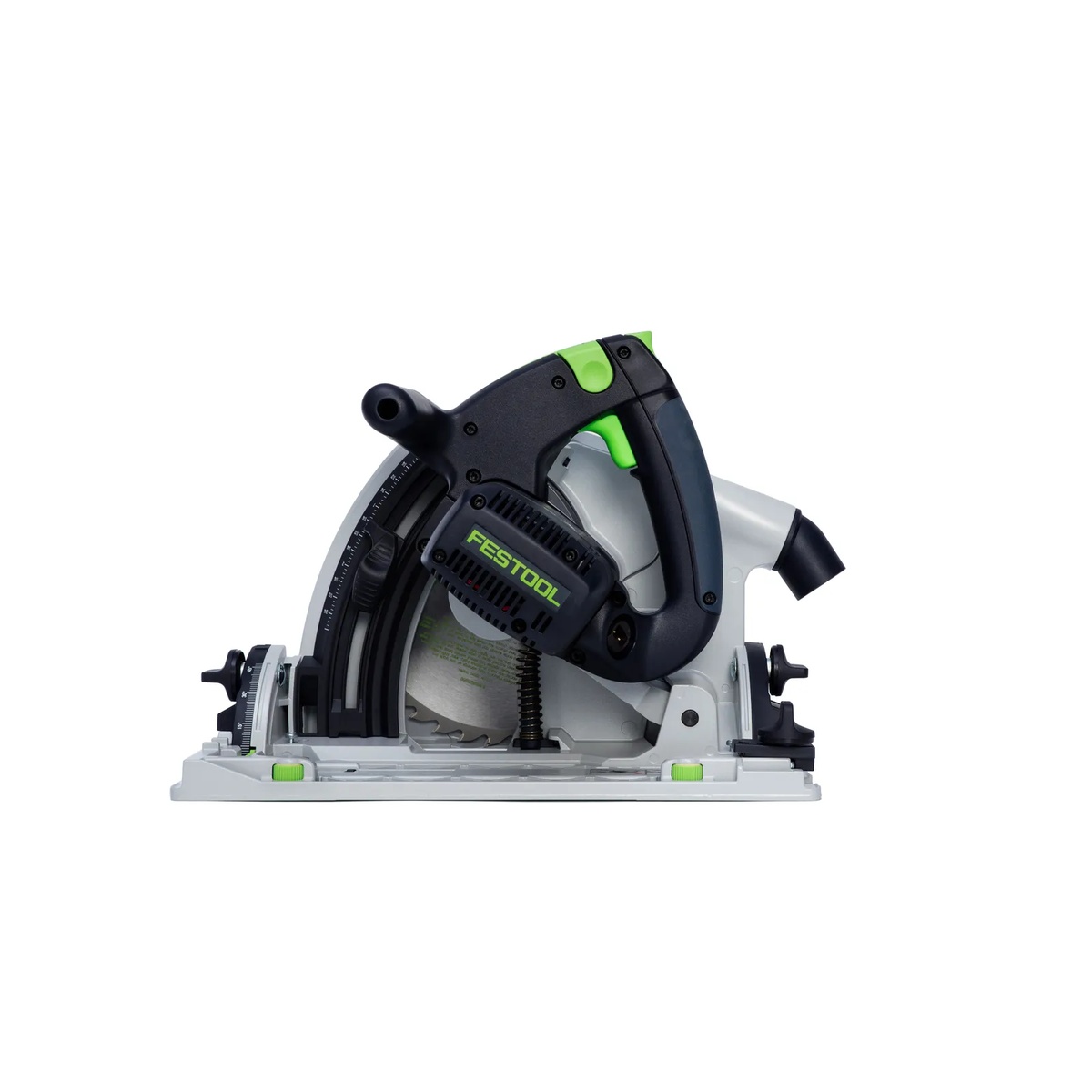 Side profile of Festool TS 75 EQ-F-Plus track saw showing bevel scale, rear handle, and compact plunge saw base