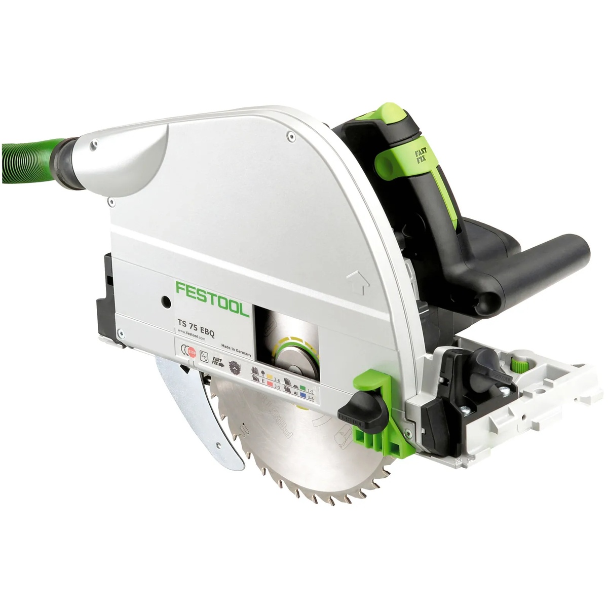 Festool TS 75 EQ-F-Plus plunge cut track saw close-up showing blade housing, plunge mechanism, and front guide controls