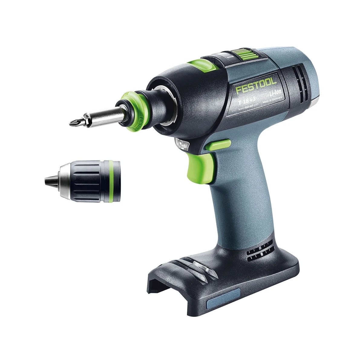 Festool 577607 T 18 Cordless Drill BASIC showing the FastFix and CENTROTEC quick-change setup with removable keyless chuck for drilling and fastening on installation work