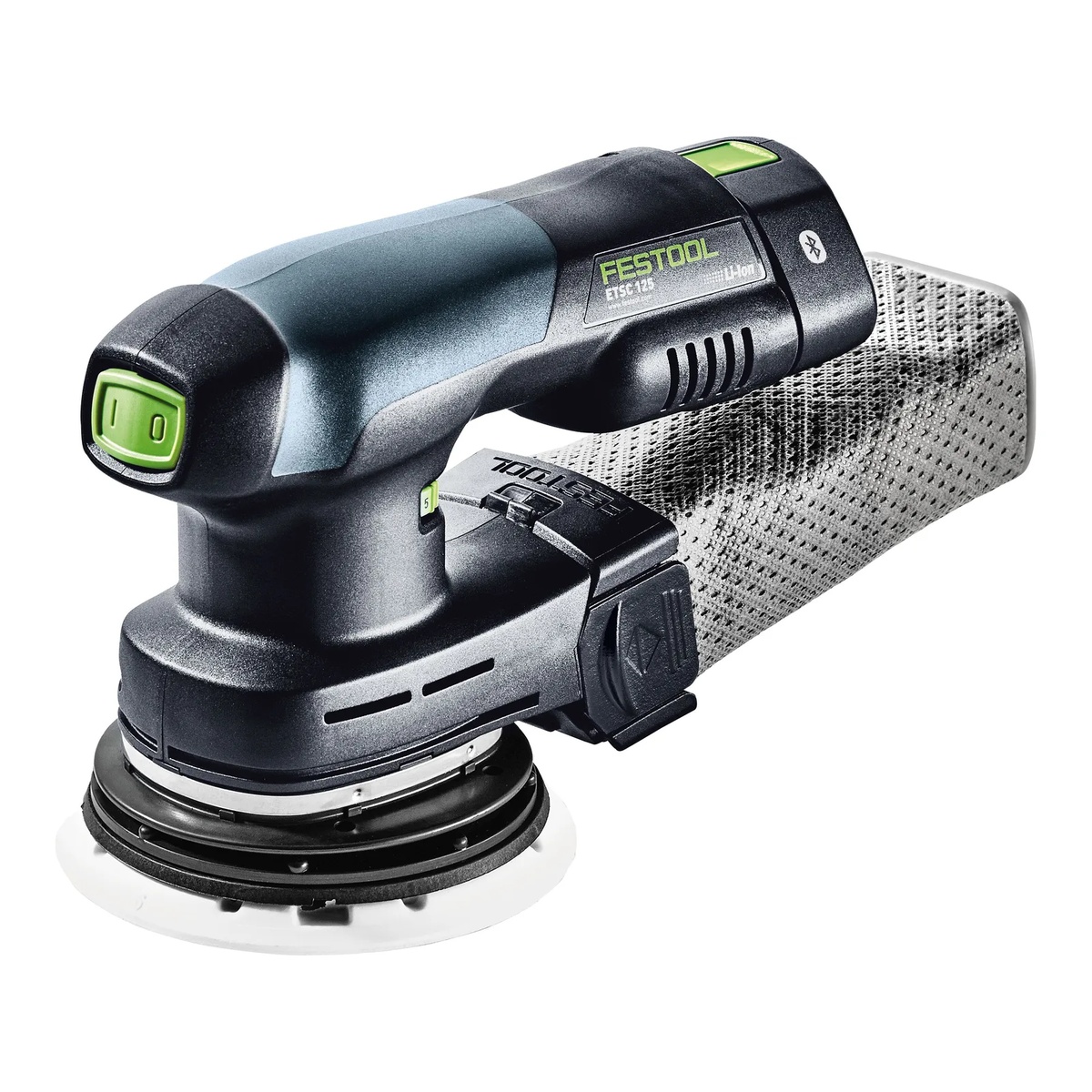 Festool ETSC 125 3,0 I-Plus US random orbit sander with dust bag attached, showing the compact body and 5 inch sanding pad for finish sanding