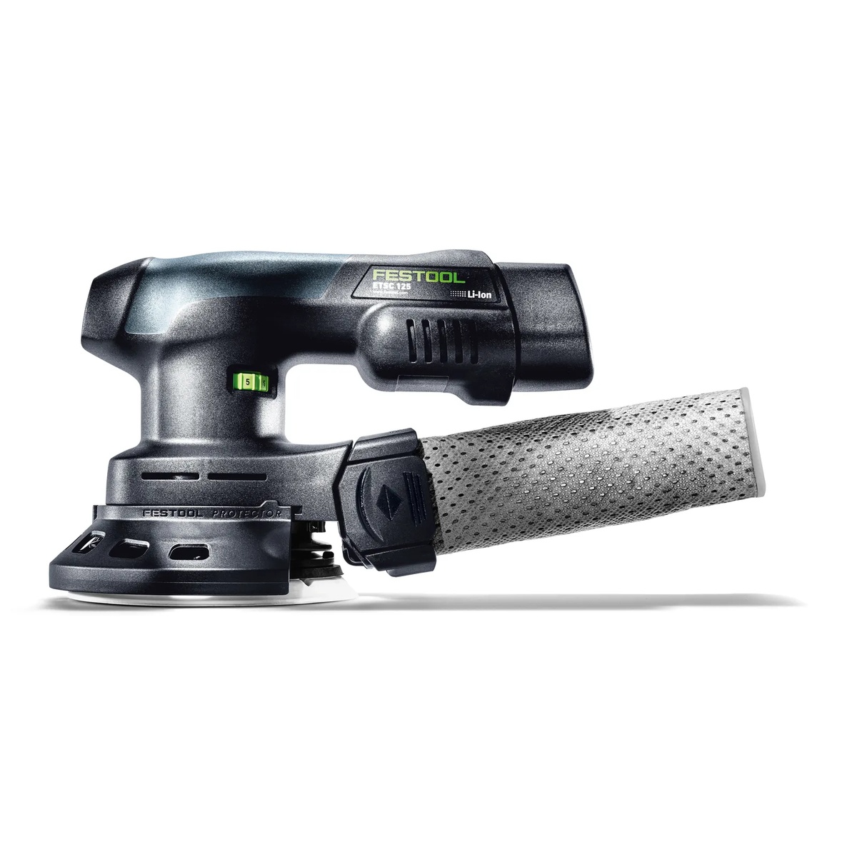 Festool ETSC 125 3,0 I-Plus US cordless random orbit sander with protector and dust bag attached for edge sanding near adjacent finished surfaces