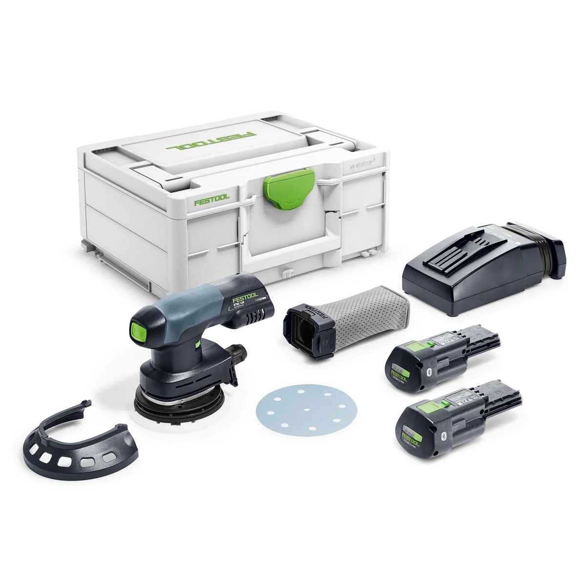 Festool ETSC 125 3,0 I-Plus US sander kit with Systainer case, charger, batteries, sanding pad, dust bag, and protector laid out for jobsite transport