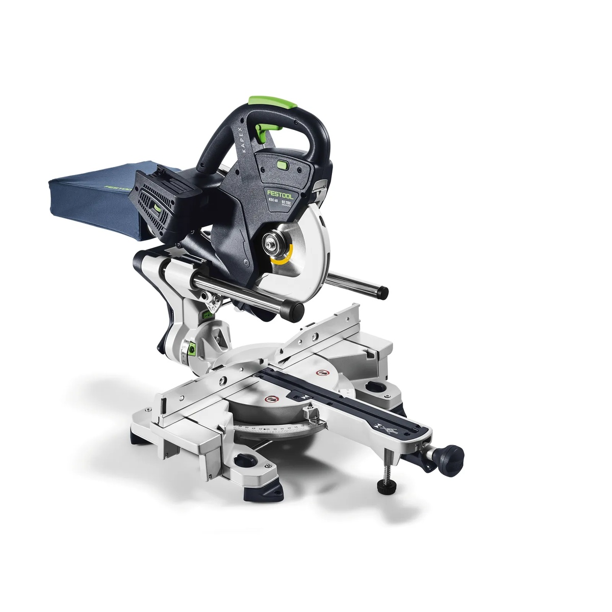 Festool KAPEX KSC 60 EB-Basic Sliding Compound Miter Saw shown raised to display the sliding head, miter table, and bevel cutting setup for trim and molding work