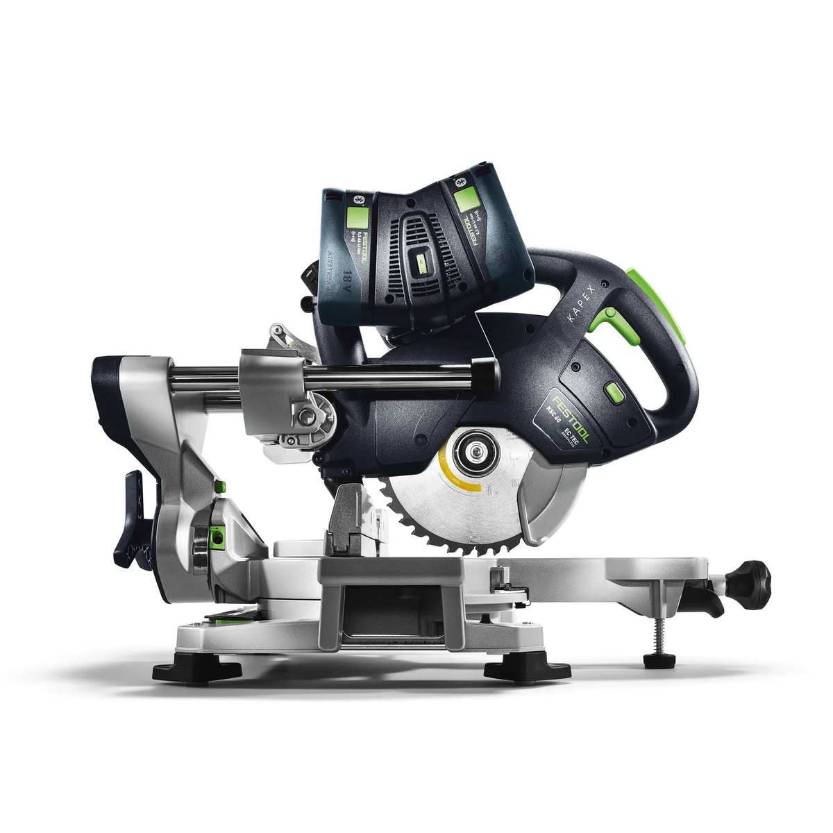 Side profile of the Festool KAPEX KSC 60 EB-Basic Sliding Compound Miter Saw showing the twin-column guide and blade alignment system on a studio background