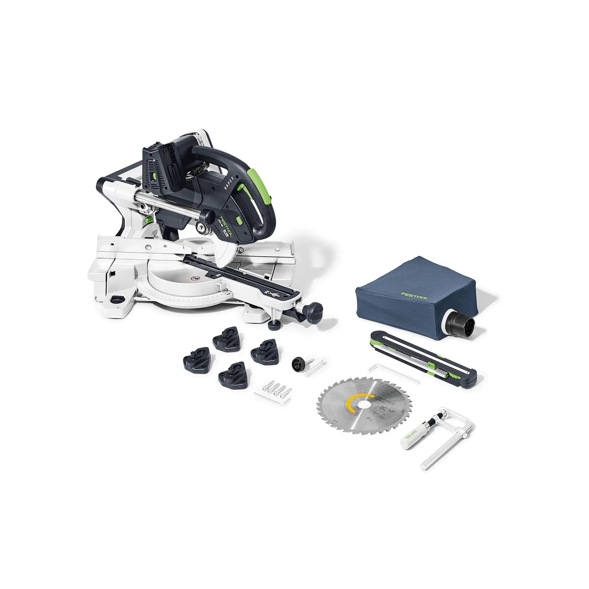 Festool KAPEX KSC 60 EB-Basic Sliding Compound Miter Saw with included blade, clamp, dust bag, angle transfer device, elevation feet, and hex key laid out on a clean background