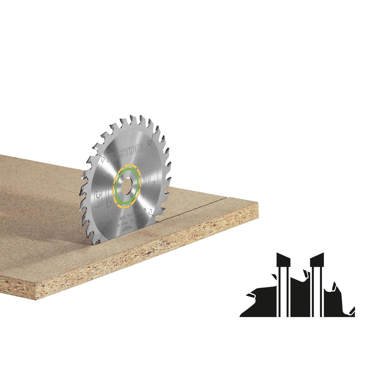 Festool 576927 Circular Saw 36-Tooth Blade for Kapex KSC 60 cutting sheet material in a workshop setup, showing the blade profile engaged in engineered wood for finish-focused miter saw work