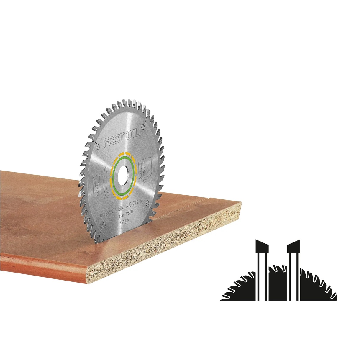 Festool 576928 Laminate 60-Tooth Circular Saw Blade cutting through a coated wood panel for a clean finish cut in shop or jobsite trim work