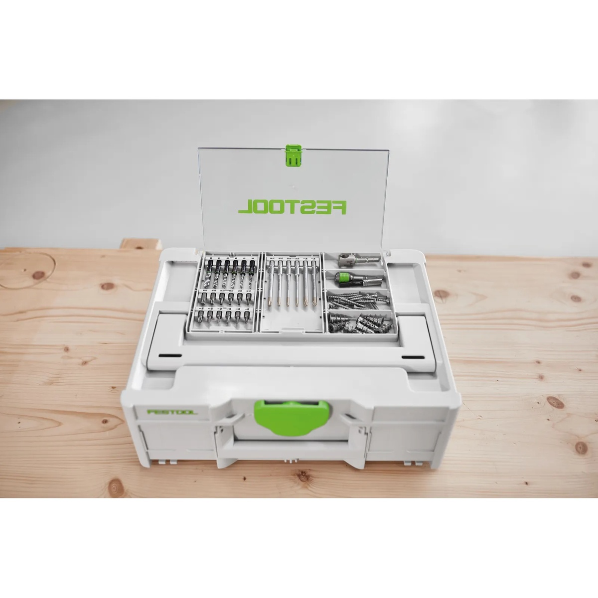 Festool 577779 18-Piece Drill and Driver Bit Cassette BKS SYS3 D3-8 K CE/W F installed in a Systainer3 lid compartment on a woodworking bench for organized drill and driver bit storage