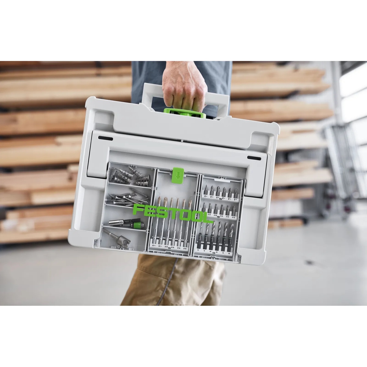 Festool 577779 18-Piece Drill and Driver Bit Cassette BKS SYS3 D3-8 K CE/W F carried on a jobsite inside a Festool Systainer for portable drilling and fastening accessories