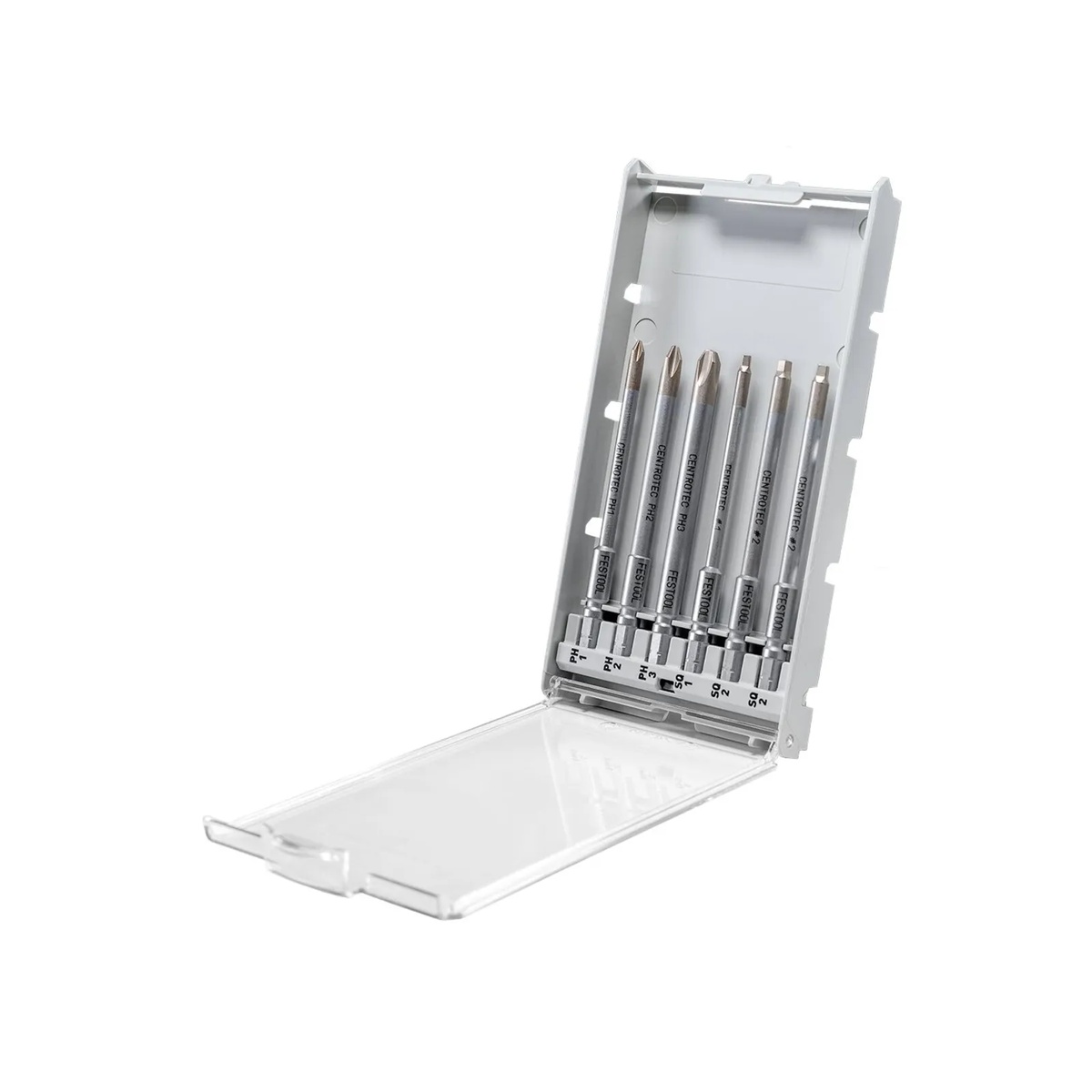 Festool 577782 6-Piece Driver Bit Cassette BKS SYS3 100mm CE F open to show six 100 mm long driver bits for recessed fasteners and installation work