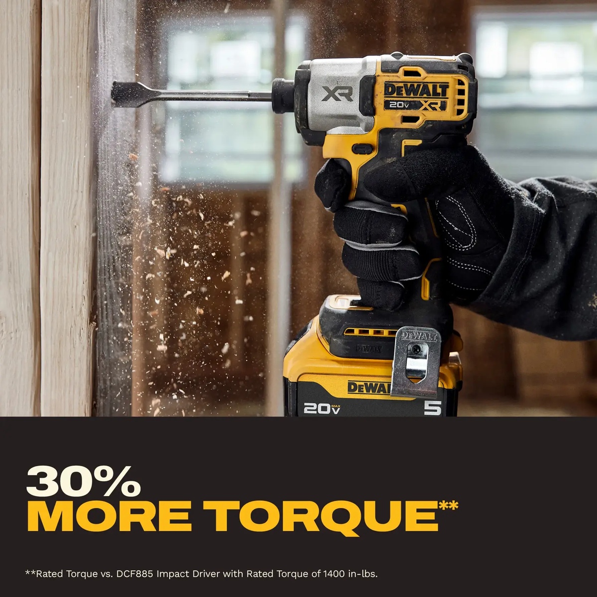 DEWALT 20V MAX XR Brushless Cordless 3-Speed 1/4 in. Impact Driver Kit drilling or fastening into wood framing indoors with a gloved hand