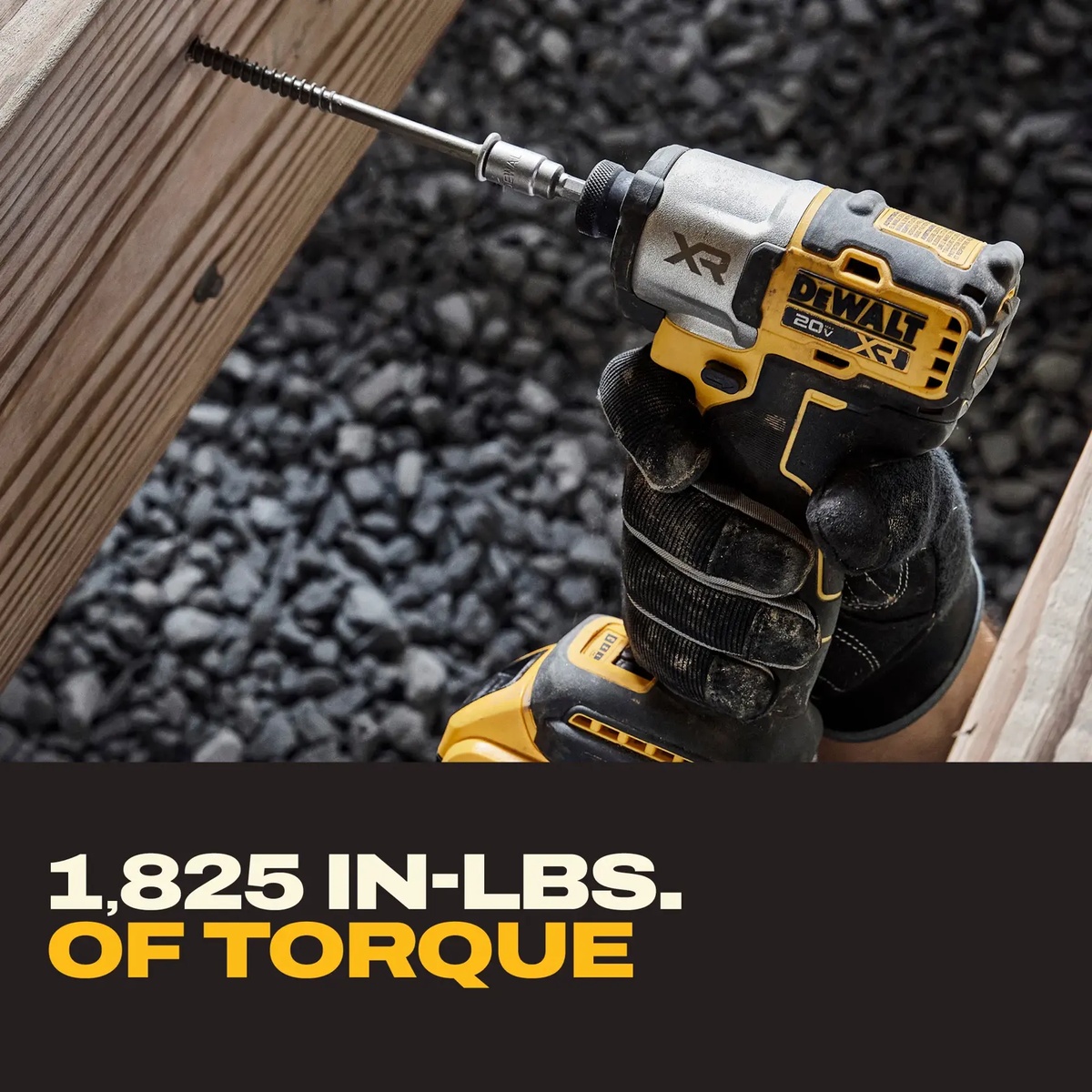 DEWALT 20V MAX XR Brushless Cordless 3-Speed 1/4 in. Impact Driver Kit driving a long wood screw into framing lumber on a jobsite