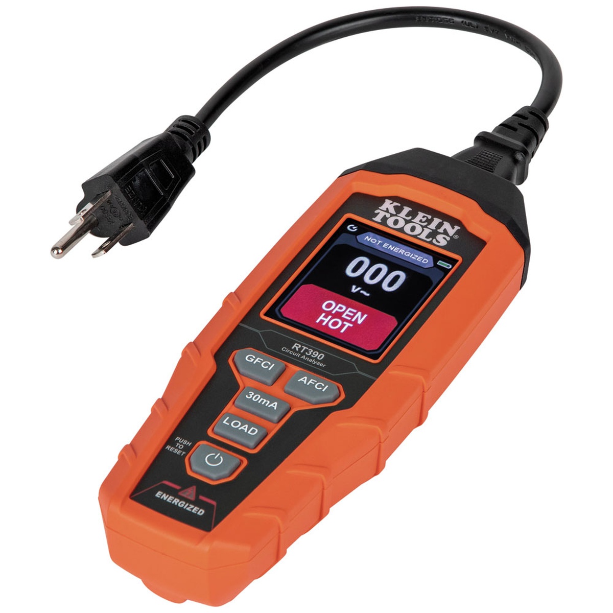 Klein Tools RT390 Circuit Analyzer connected with cord for checking outlet wiring, AFCI and GFCI devices, and voltage drop during electrical service work