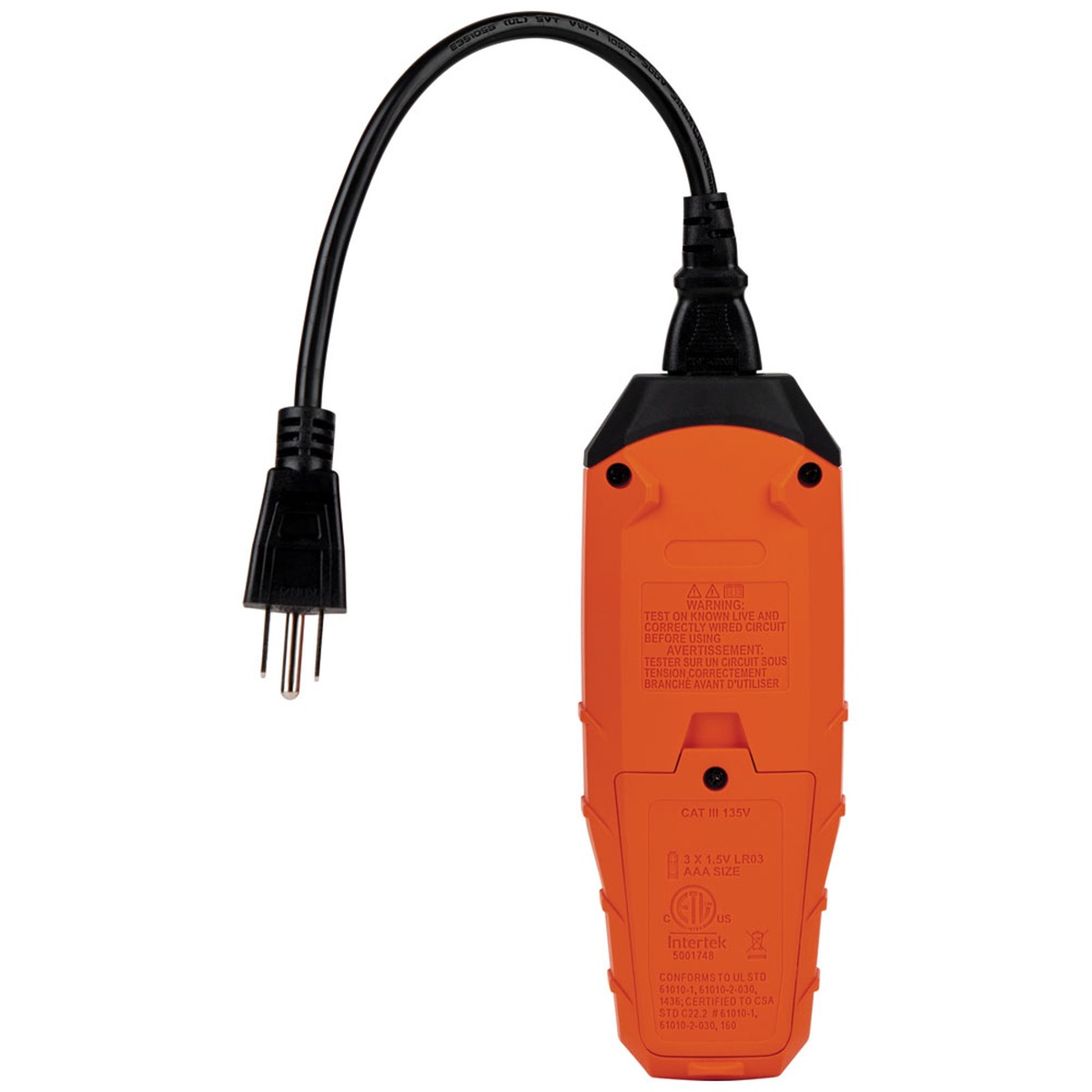 Rear view of the Klein Tools RT390 Circuit Analyzer with attached plug cord, showing the compact body used for daily electrical troubleshooting and outlet inspection