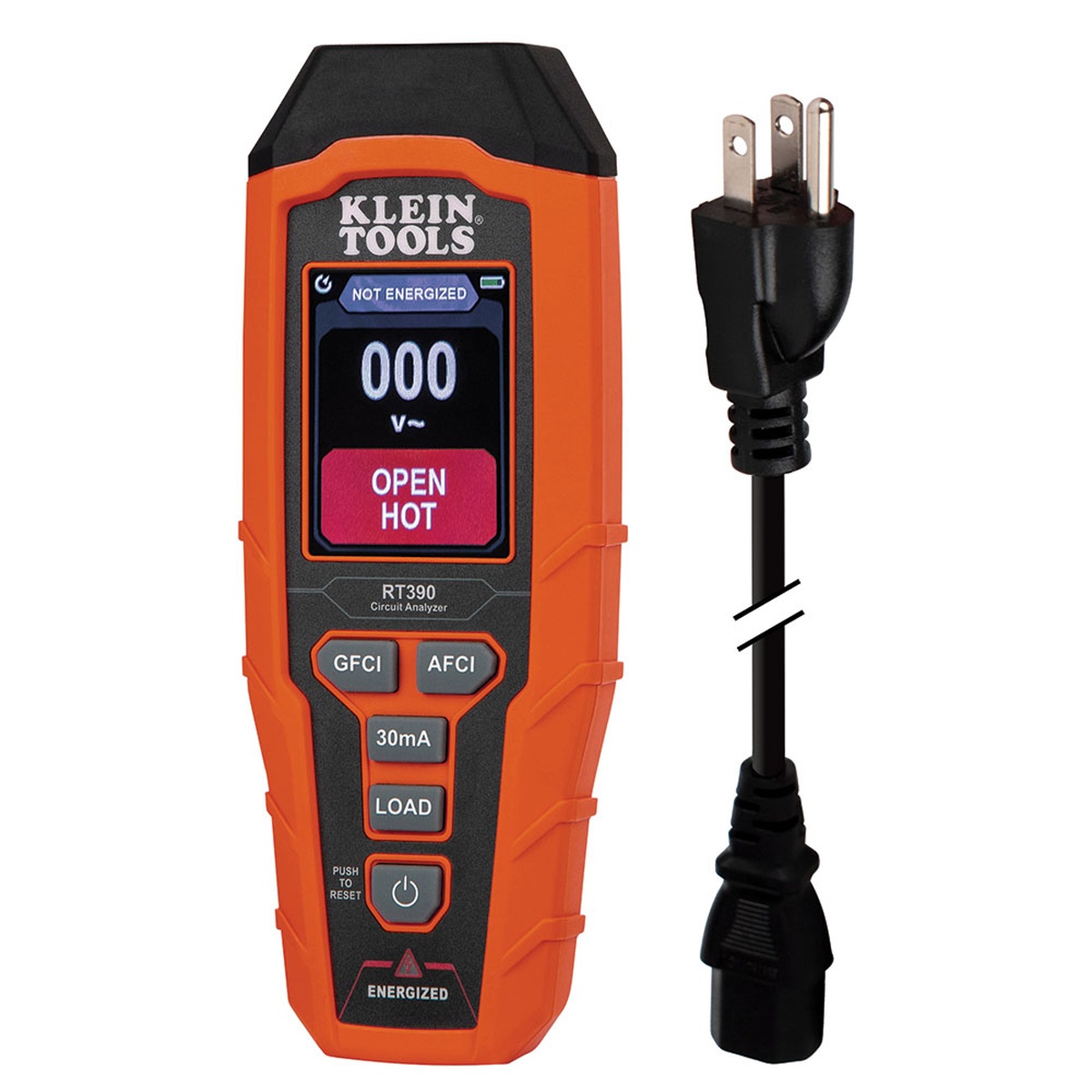 Klein Tools RT390 Circuit Analyzer showing an open hot fault on the display beside its detachable cord for outlet testing in residential and commercial troubleshooting