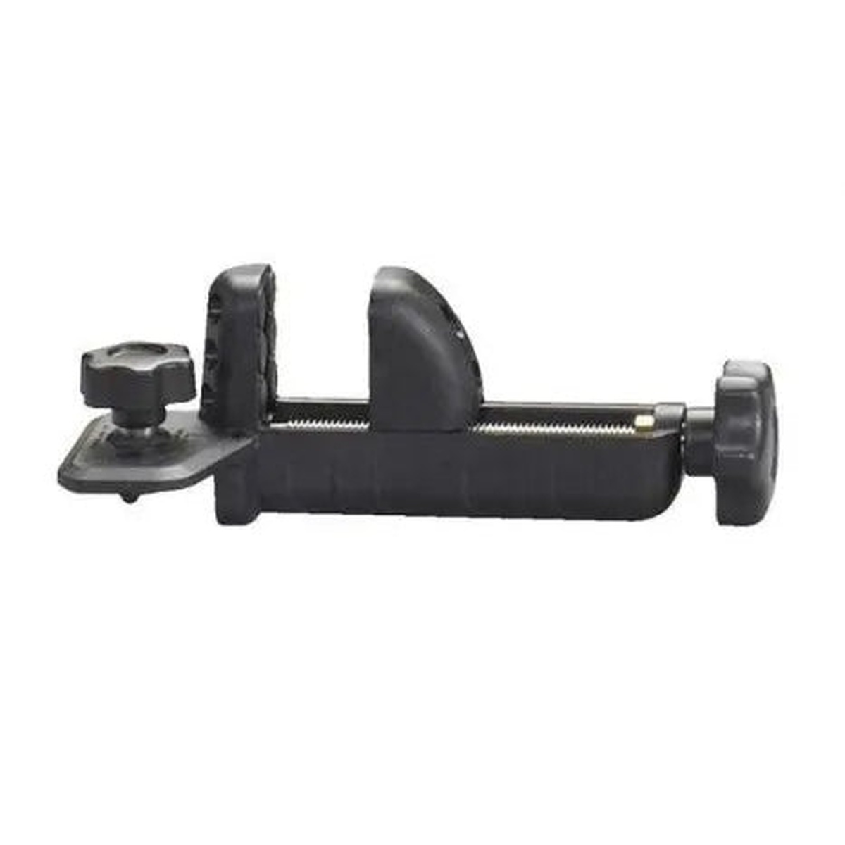 Stabila 07585 REC 160 Receiver Bracket clamped closed showing rubberized pads and large clamping knobs on a white background