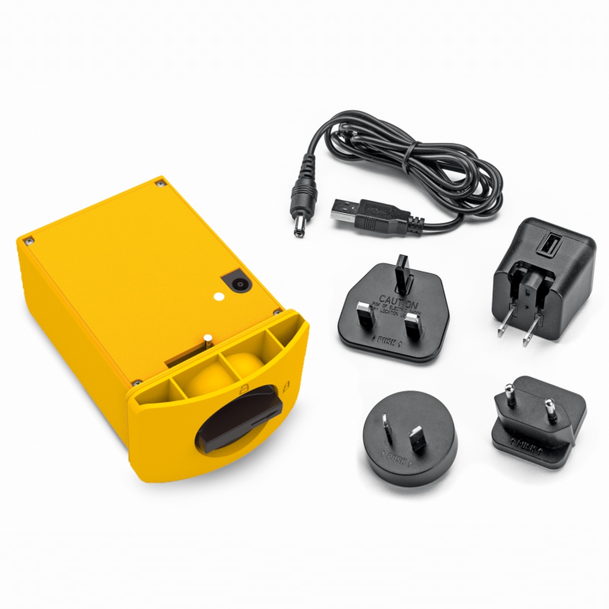 Stabila 07645 LAR 160 G Rechargeable Battery with charging cable, mains adapter, and interchangeable regional plug adapters on a clean background