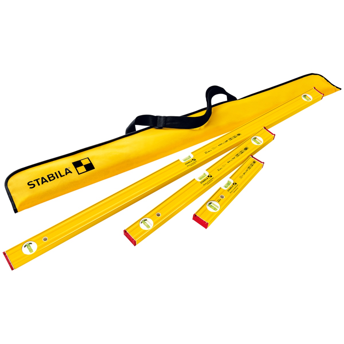 Stabila 29840 PRO SET 80 AS Spirit Levels with 12 inch 24 inch and 48 inch levels stored in the included carrying case