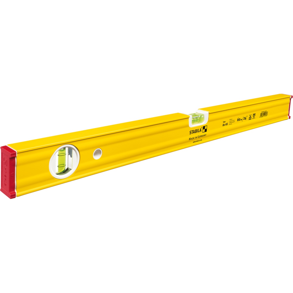 Close-up of a Stabila 29840 PRO SET 80 AS Spirit Levels box beam frame showing vial placement and reinforced profile details