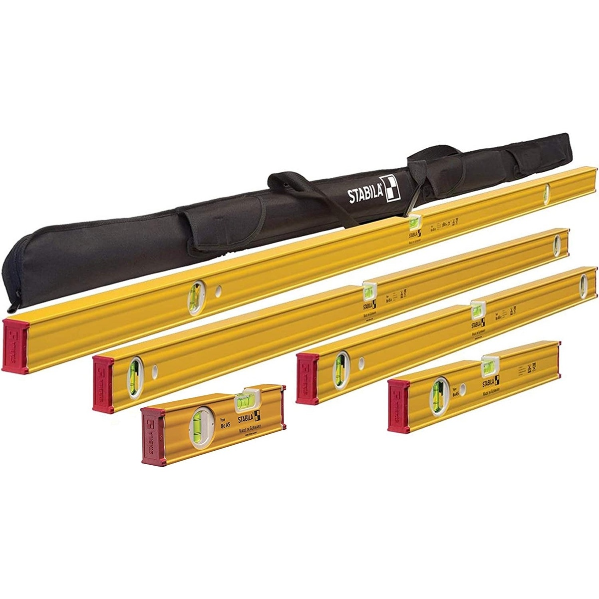 Stabila 29872 Type 80 AS-2 5-Piece Spirit Level Set shown with carrying case and five aluminum levels arranged for jobsite layout, installation, and framing work