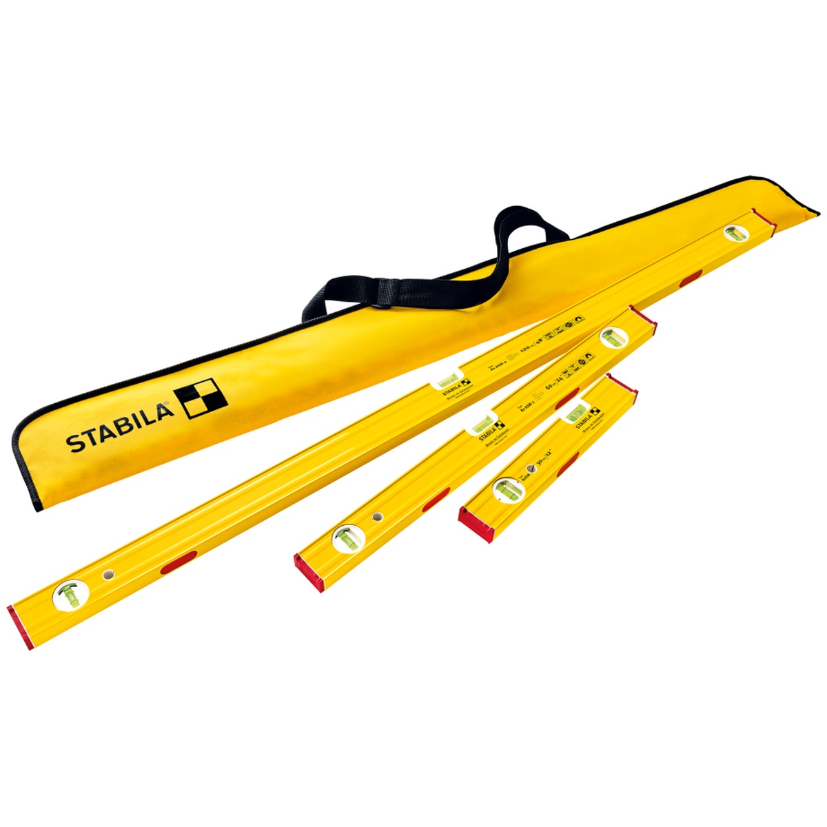 Stabila 29940 level set with multiple yellow spirit levels and carrying bag laid out for jobsite transport and storage
