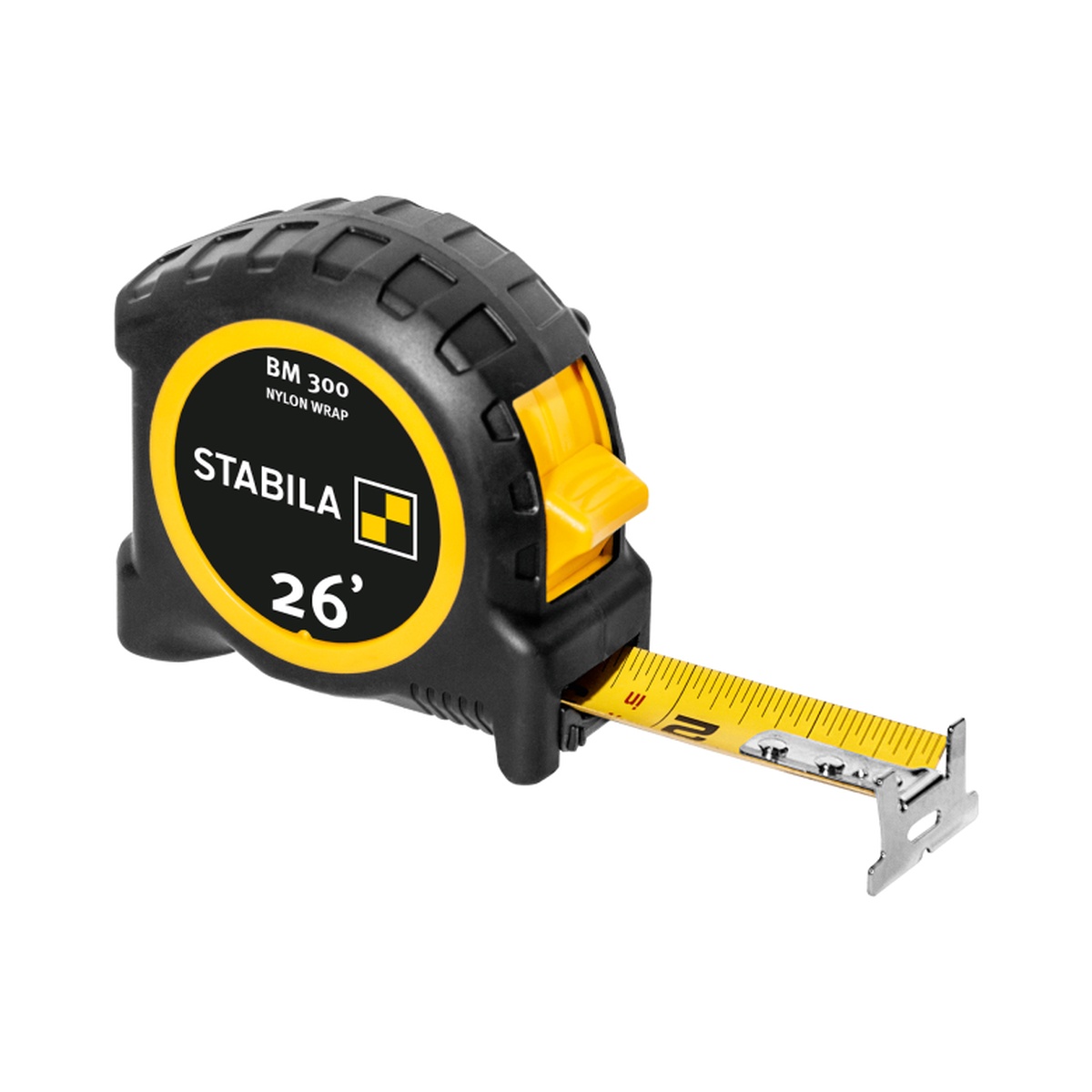 Stabila BM 300 Nylon Wrap Tape Measure product view showing compact case, nylon wrap blade, and end hook for general construction measuring tasks