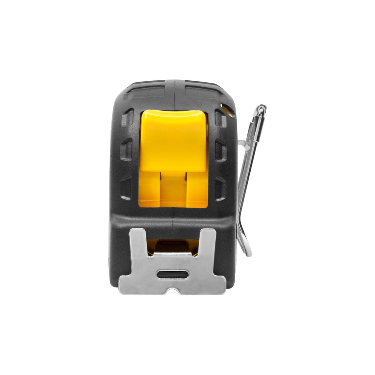 Stabila Tape Measure BM 300 26 Feet Inch front view showing hook end, brake area, and belt clip for jobsite measuring
