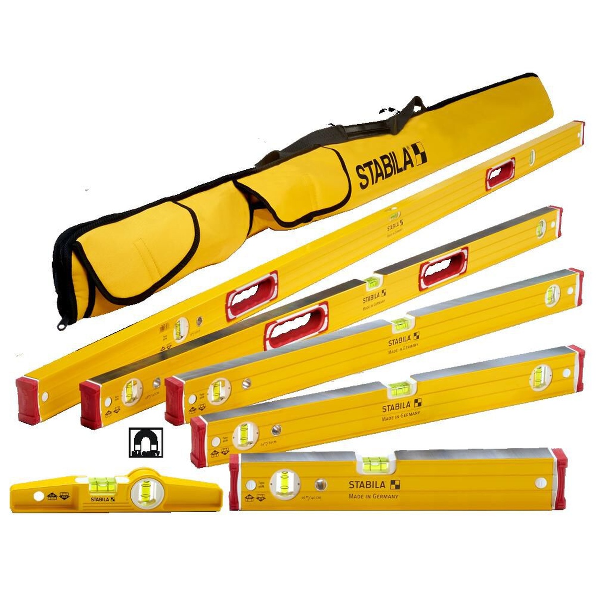 Stabila 78396 level set with multiple yellow spirit levels and carrying bag arranged for jobsite storage and layout work