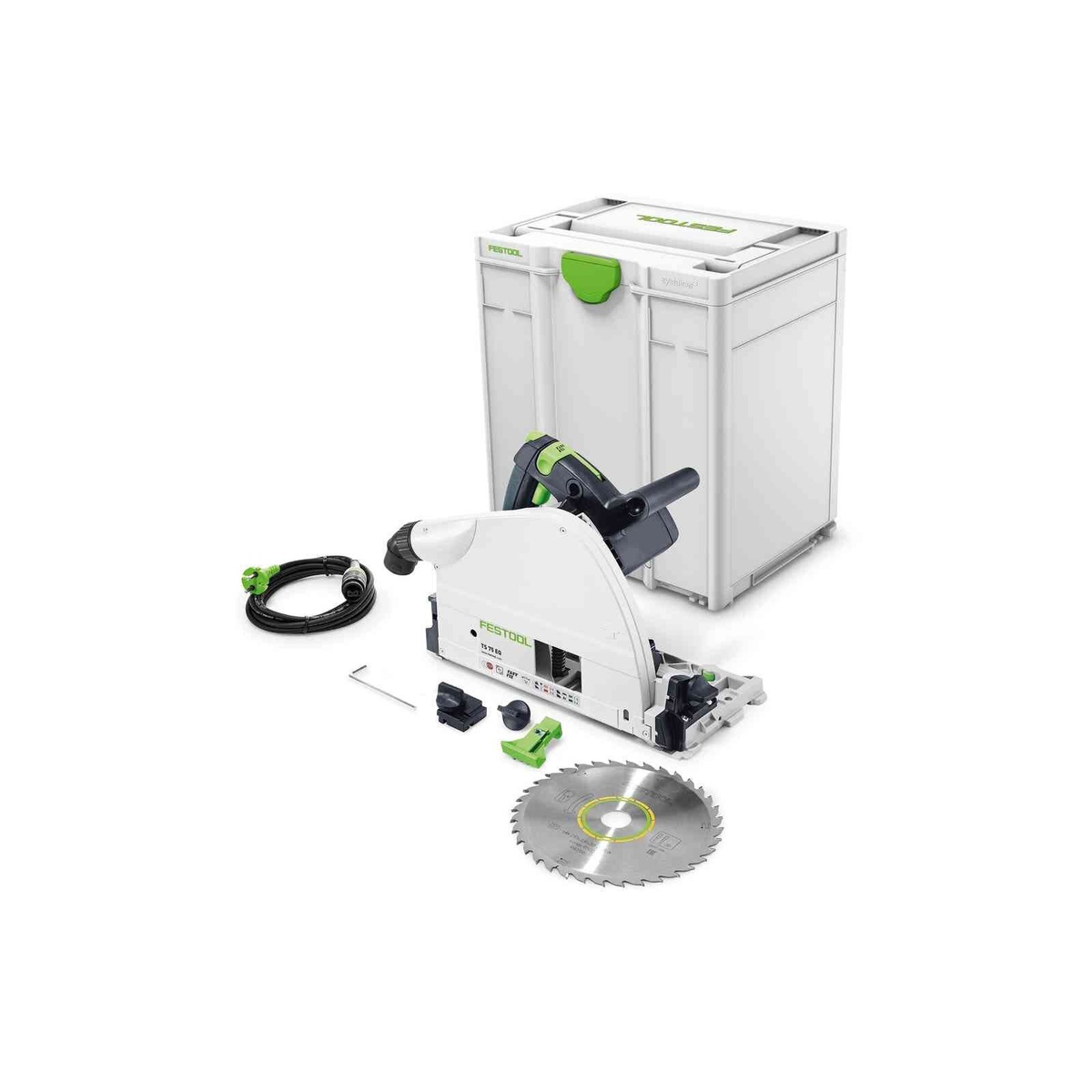 Festool TS 75 EQ Plunge Cut Track Saw with Systainer3, blade, cord, and accessories laid out for woodworking and finish carpentry applications